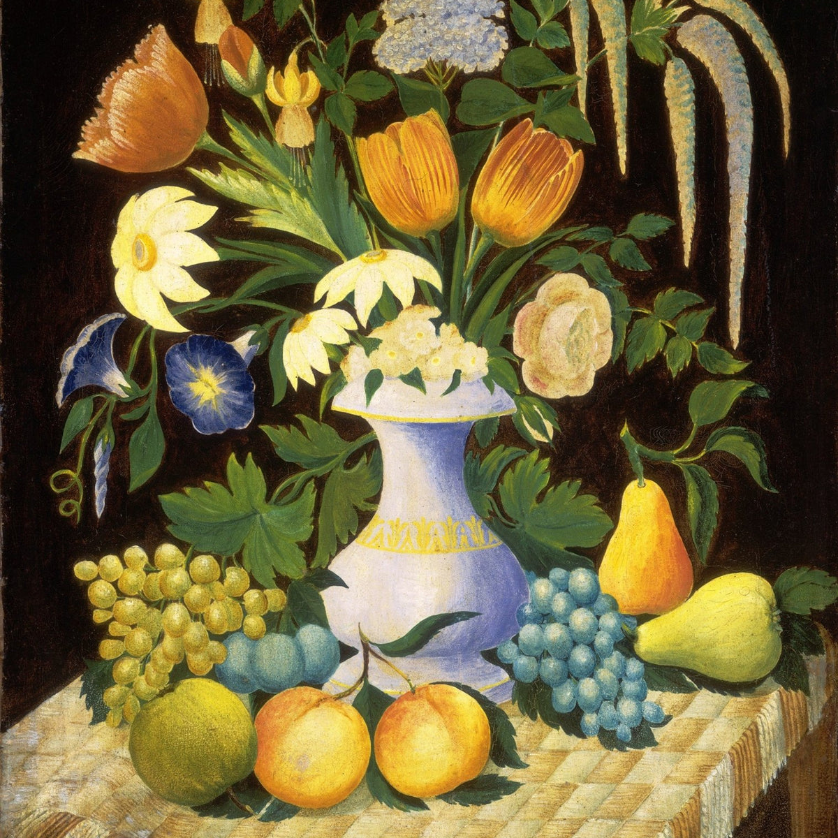 Classic Flower and Fruit Still Life in Blue Vase – Floral Oil Painting - Oil Painting Haven