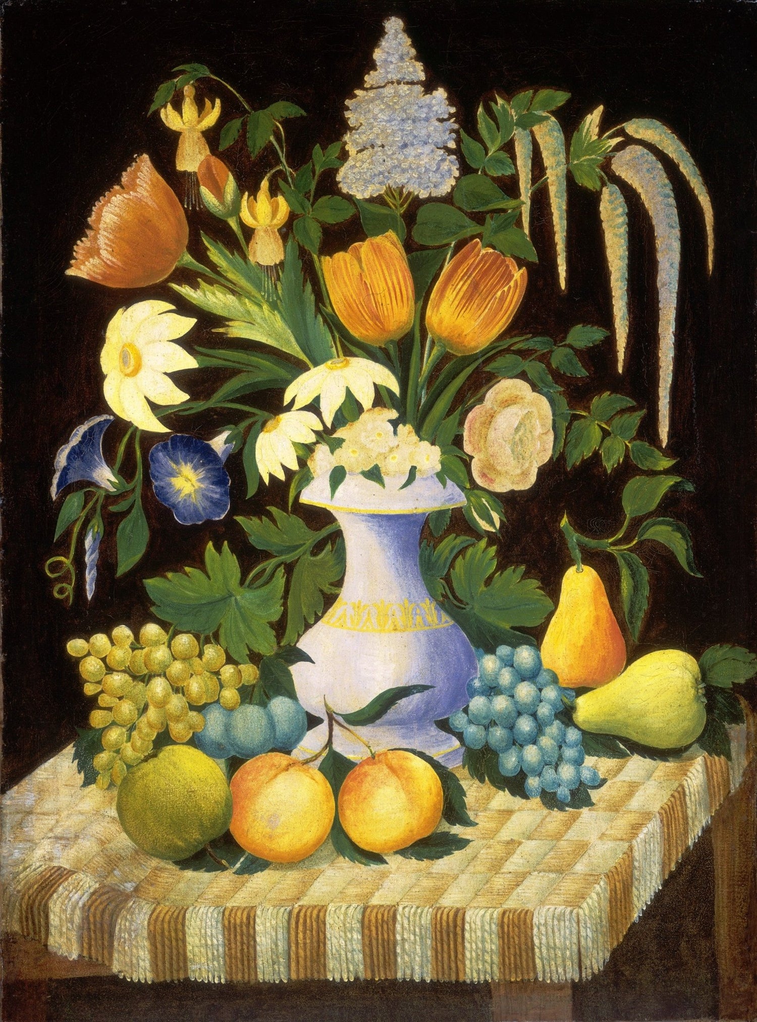 Classic Flower and Fruit Still Life in Blue Vase – Floral Oil Painting - Oil Painting Haven