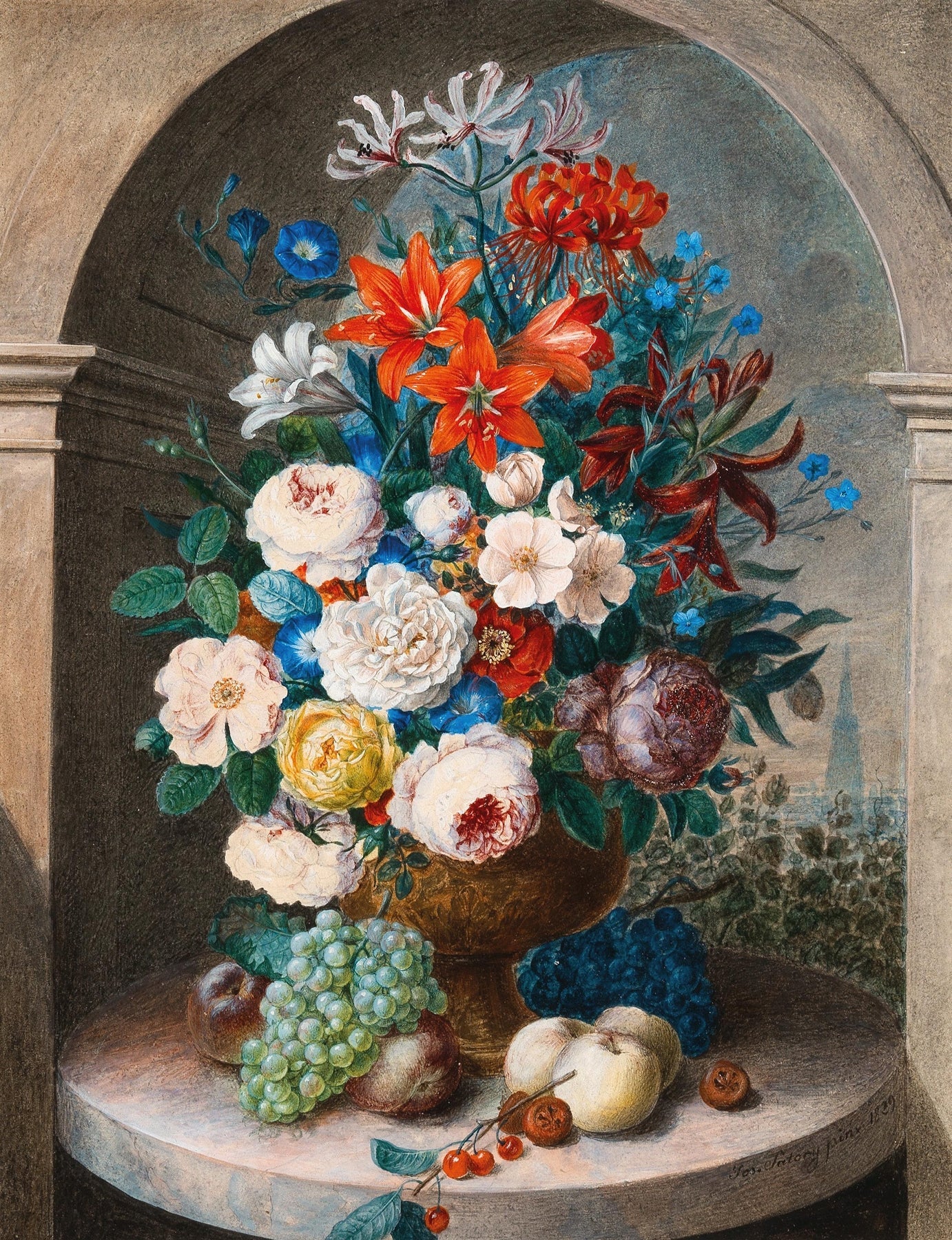 Classic Flower Bouquet with Fruit and Vase Still Life - Floral Oil Painting - Oil Painting Haven