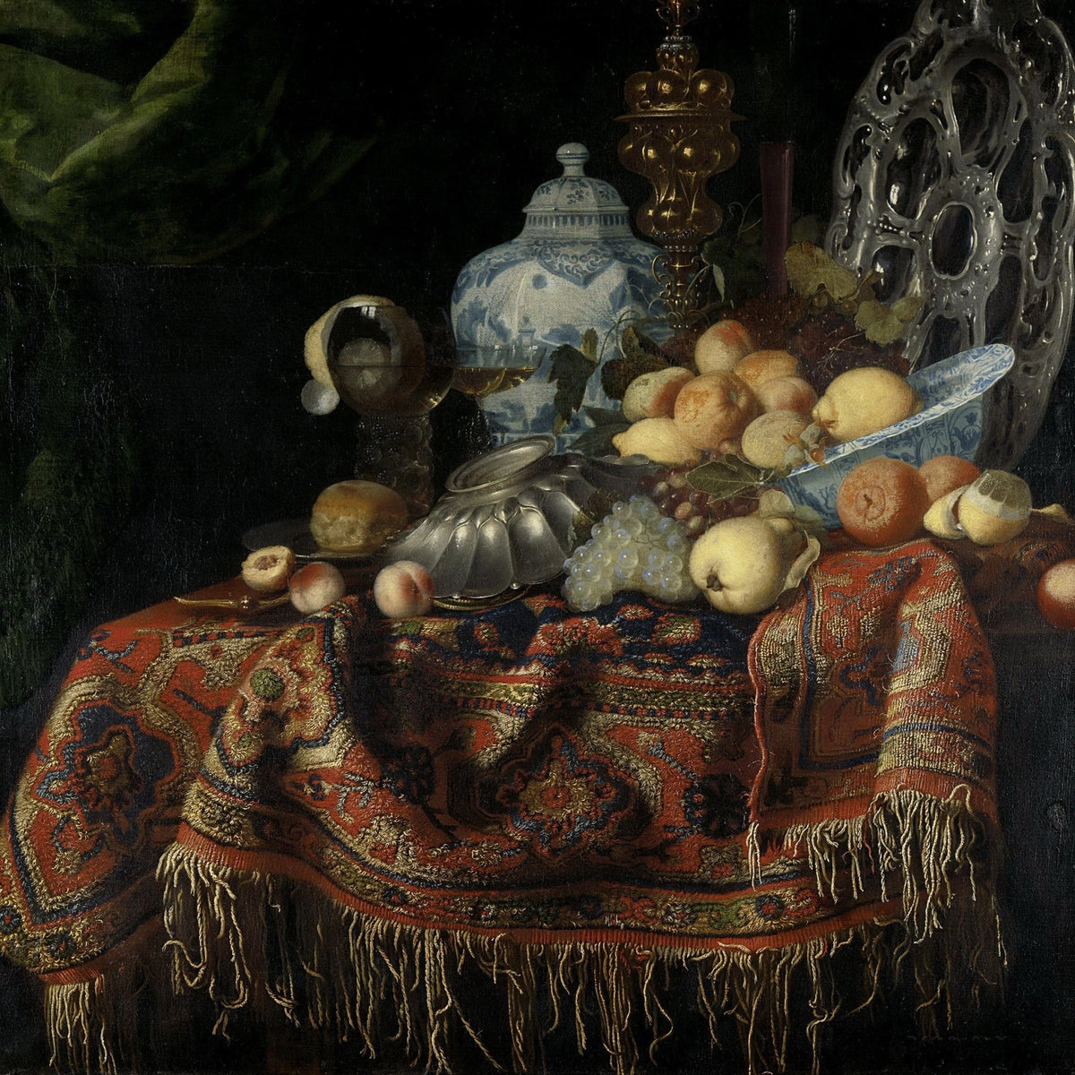 Classic Fruit and Delft Vase Table Scene - Still Life Oil Painting - Oil Painting Haven