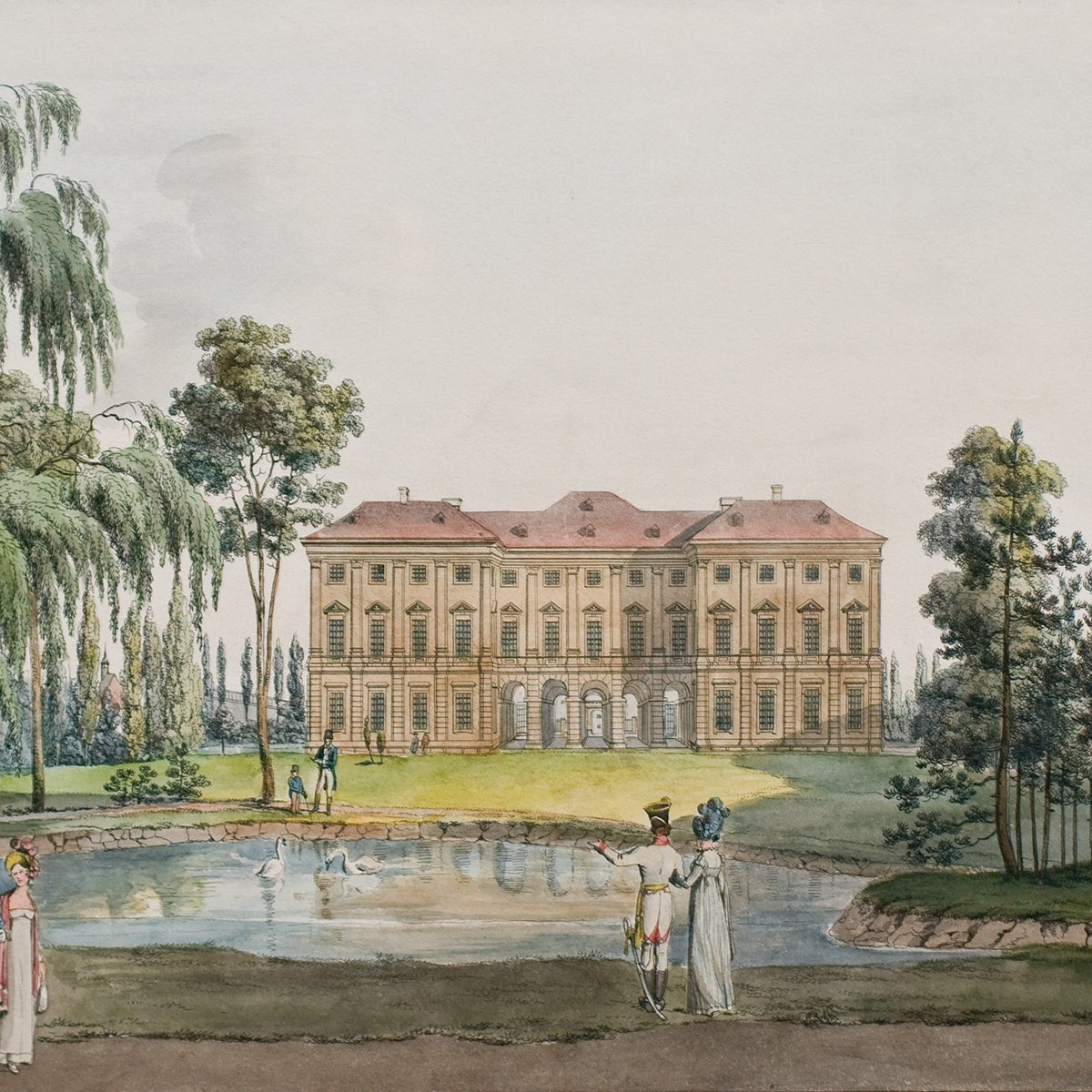 Hand painted landscape oil painting on canvas featuring a classic palace garden with a reflective lake, elegant figures, and . - Add Frame, Architecture, Canvas, Castle, Figure, Forest, Garden, Hand Painted, Lake, Landscape, Made To Order, Oil Painting