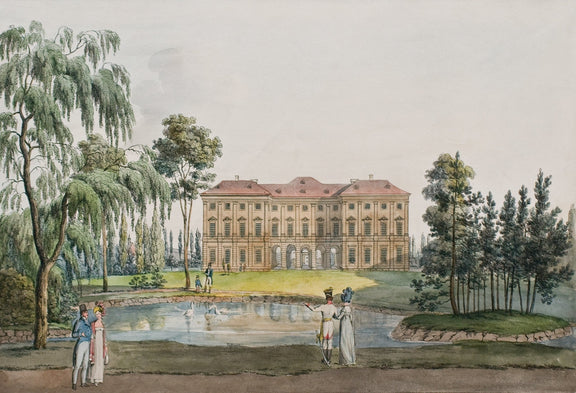 Hand painted landscape oil painting on canvas featuring a classic palace garden with a reflective lake, elegant figures, and . - Add Frame, Architecture, Canvas, Castle, Figure, Forest, Garden, Hand Painted, Lake, Landscape, Made To Order, Oil Painting