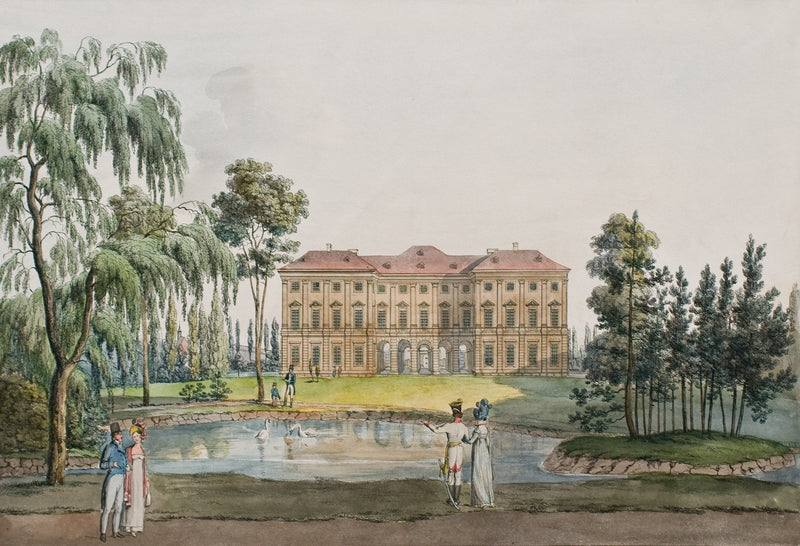 Hand painted landscape oil painting on canvas featuring a classic palace garden with a reflective lake, elegant figures, and . - Add Frame, Architecture, Canvas, Castle, Figure, Forest, Garden, Hand Painted, Lake, Landscape, Made To Order, Oil Painting