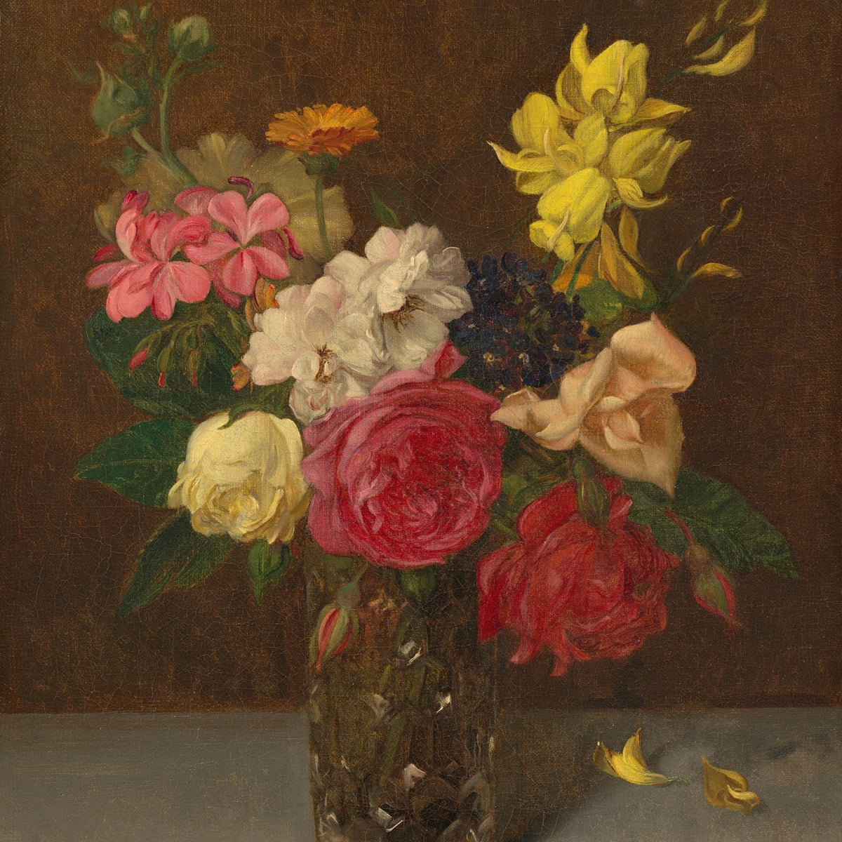 Classic Rose and Garden Bouquet in Glass Vase - Floral Oil Painting - Oil Painting Haven
