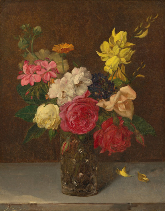 Classic Rose and Garden Bouquet in Glass Vase - Floral Oil Painting - Oil Painting Haven