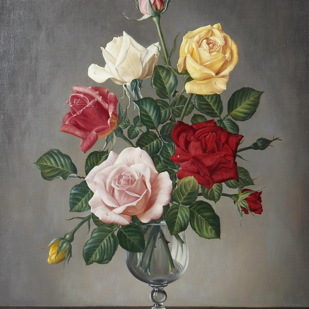 Classic Rose Bouquet in Glass Vase Still Life – Floral Oil Painting - Oil Painting Haven