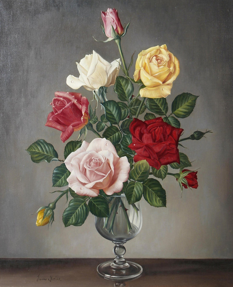 Classic Rose Bouquet in Glass Vase Still Life – Floral Oil Painting - Oil Painting Haven