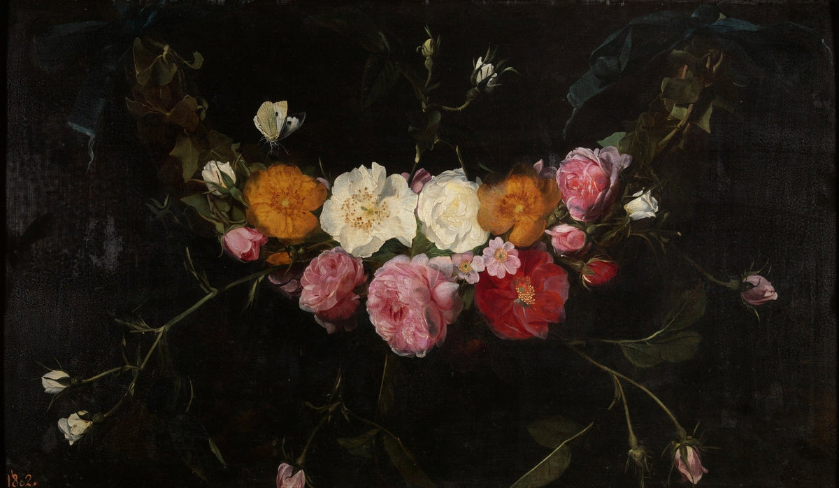 Classic Rose Garland Still Life with Dark Background – Floral Oil Painting - Oil Painting Haven