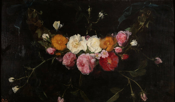 Classic Rose Garland Still Life with Dark Background – Floral Oil Painting - Oil Painting Haven