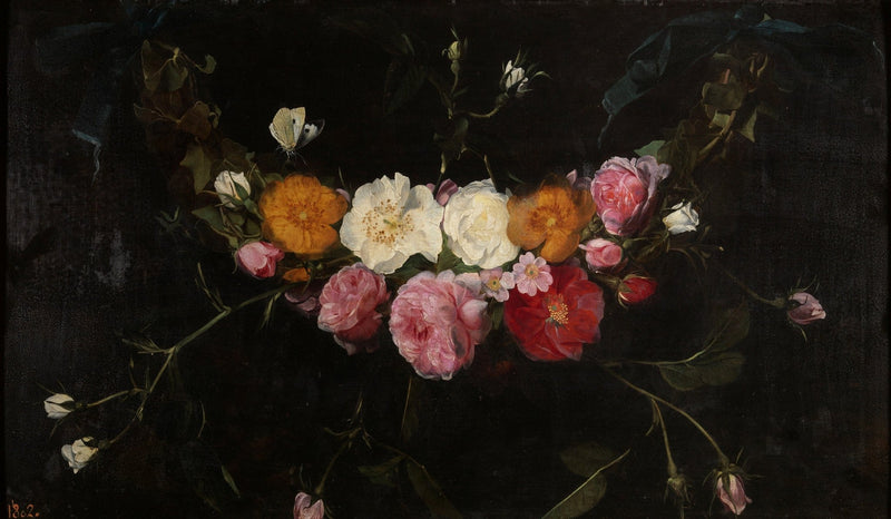 Classic Rose Garland Still Life with Dark Background – Floral Oil Painting - Oil Painting Haven