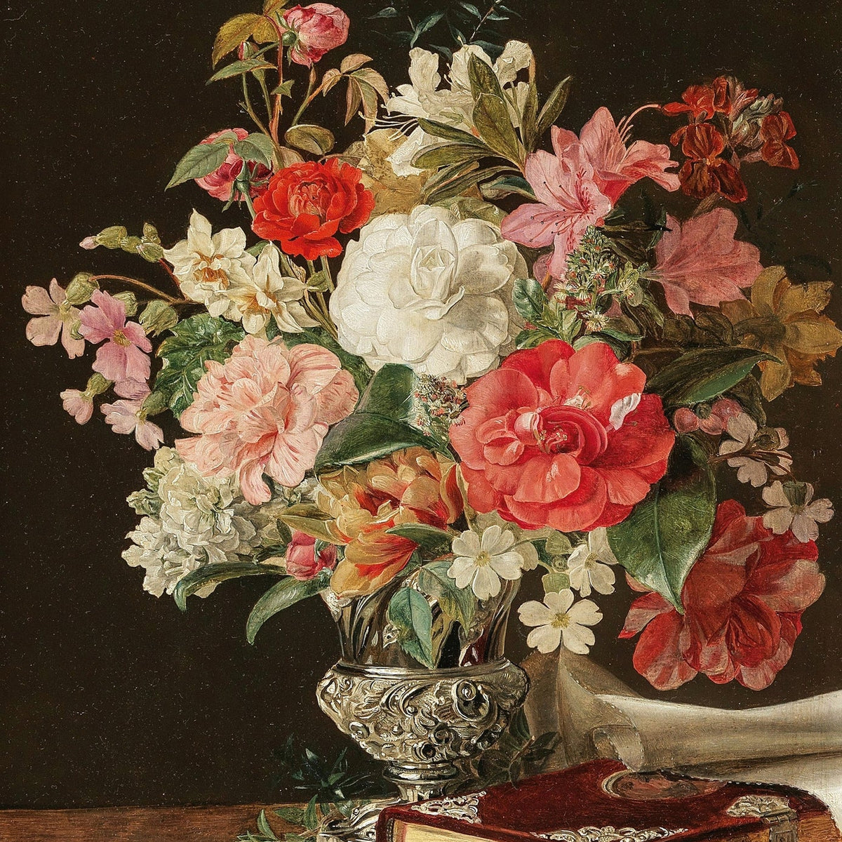 Classic Roses and Flowers in Silver Vase Still Life - Floral Oil Painting - Oil Painting Haven
