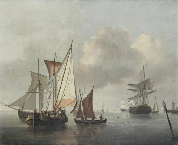 Hand-painted classic sailing boats in quiet harbor nautical oil painting on canvas