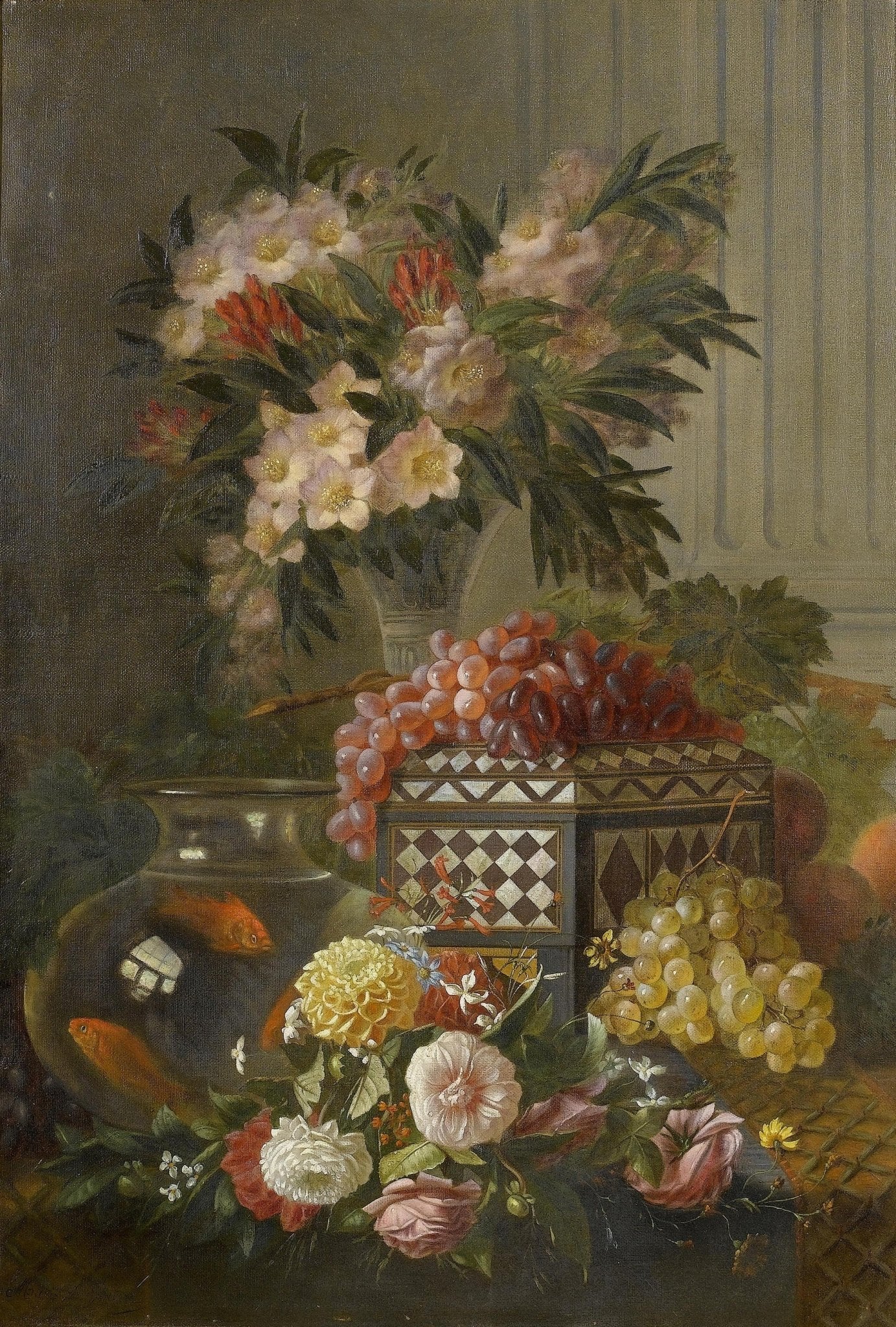 Classic Still Life with Flowers and Grapes – Floral Oil Painting - Oil Painting Haven