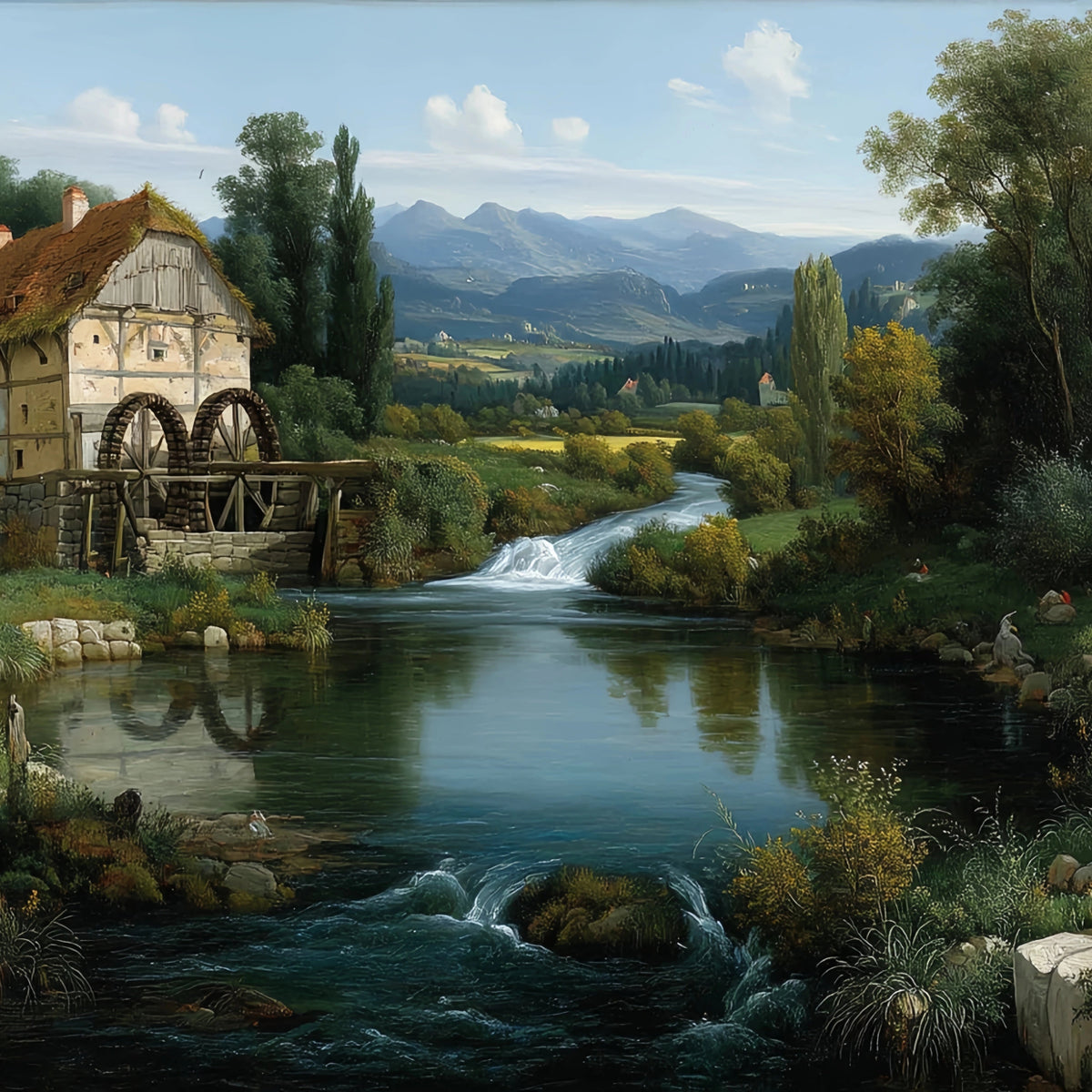 Classic Watermill River Original Oil Painting For Sale - Oil Painting Haven