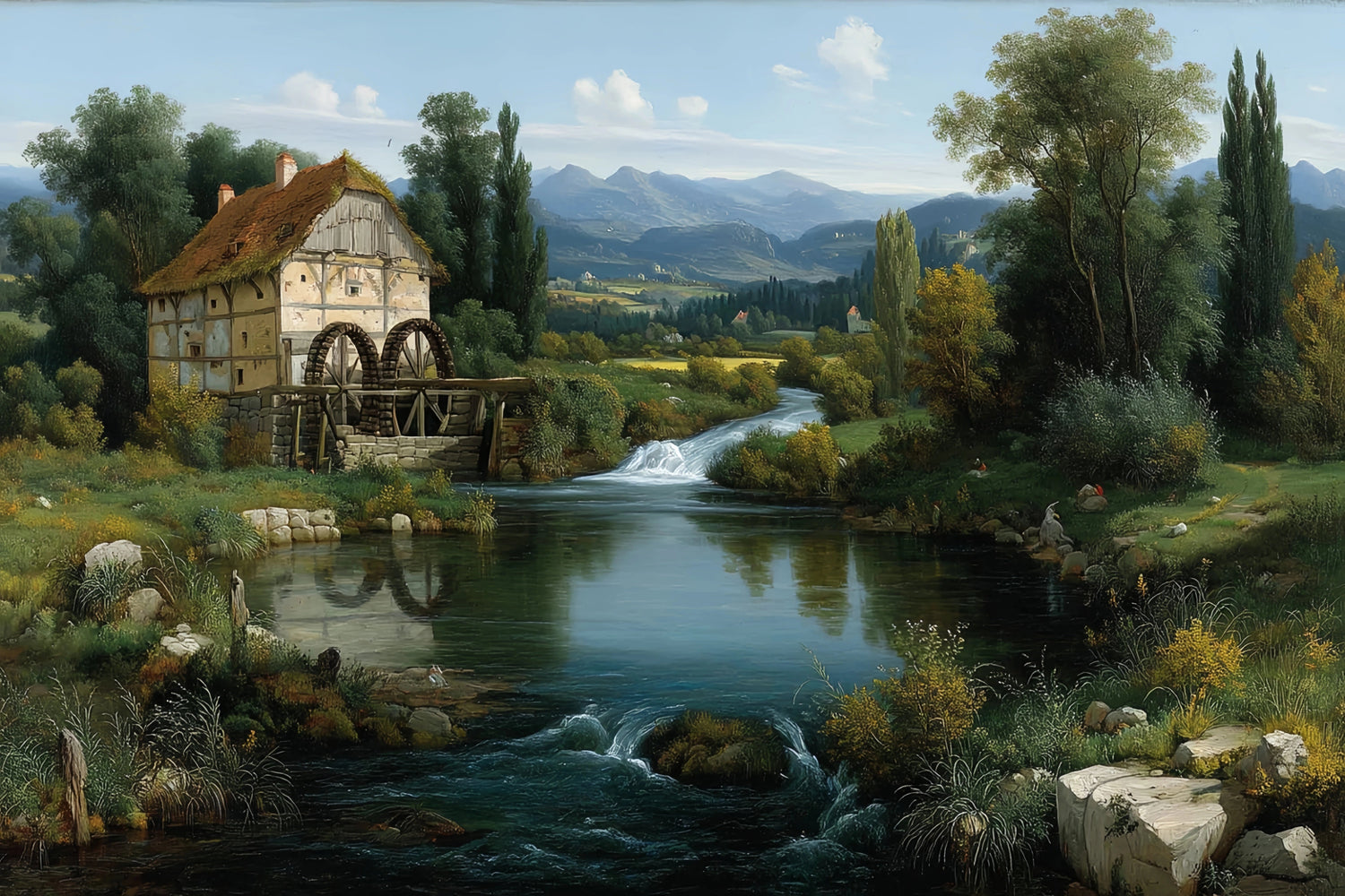 Classic Watermill River Original Oil Painting For Sale - Oil Painting Haven