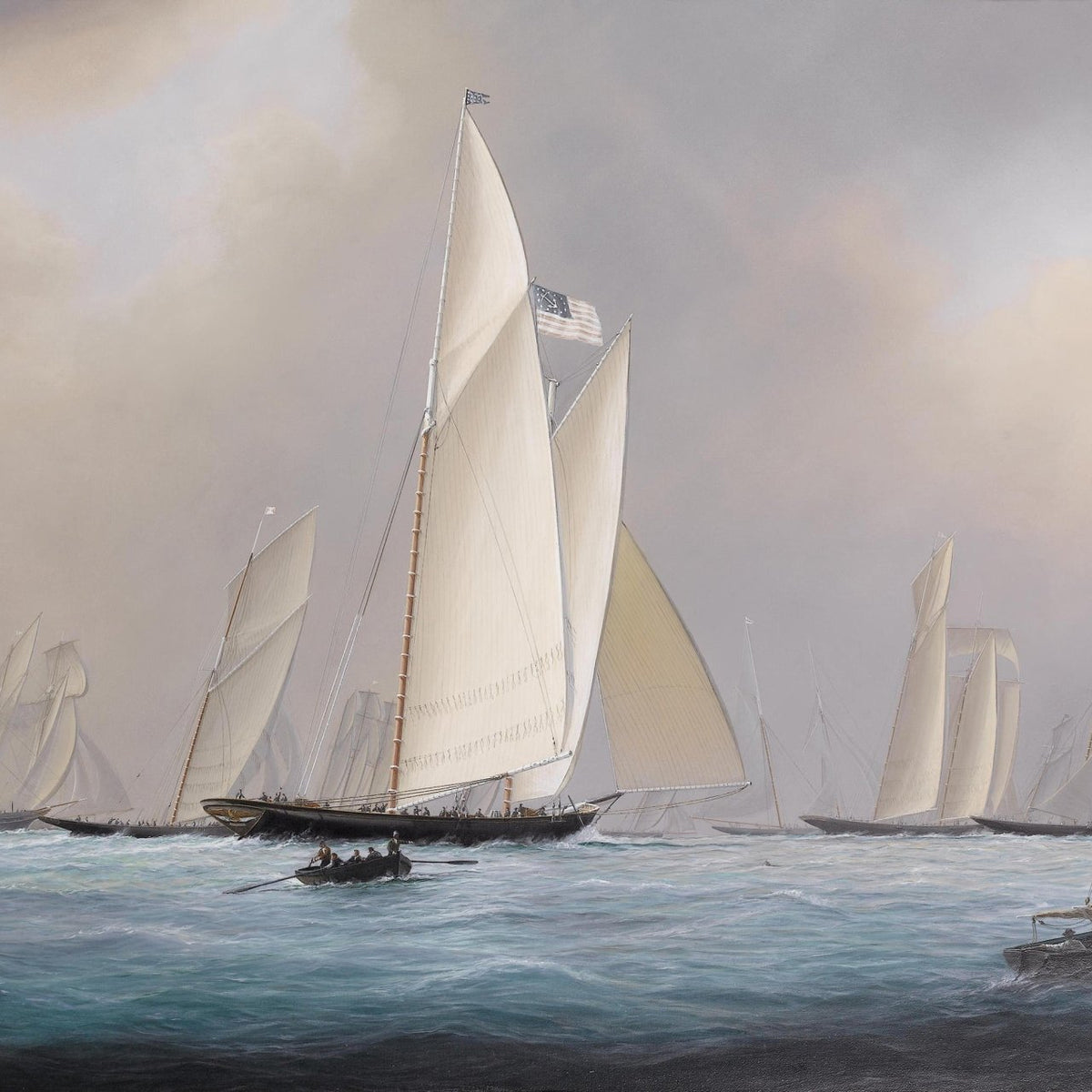 Hand-painted classic yacht regatta at sea nautical oil painting on canvas