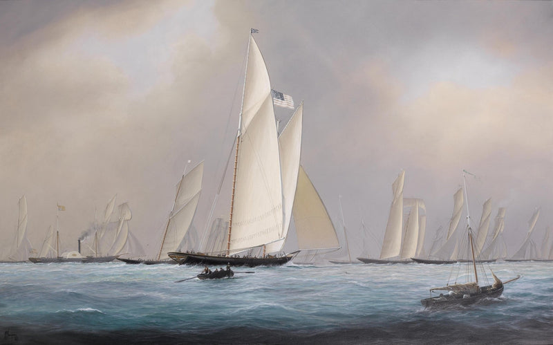 Hand-painted classic yacht regatta at sea nautical oil painting on canvas