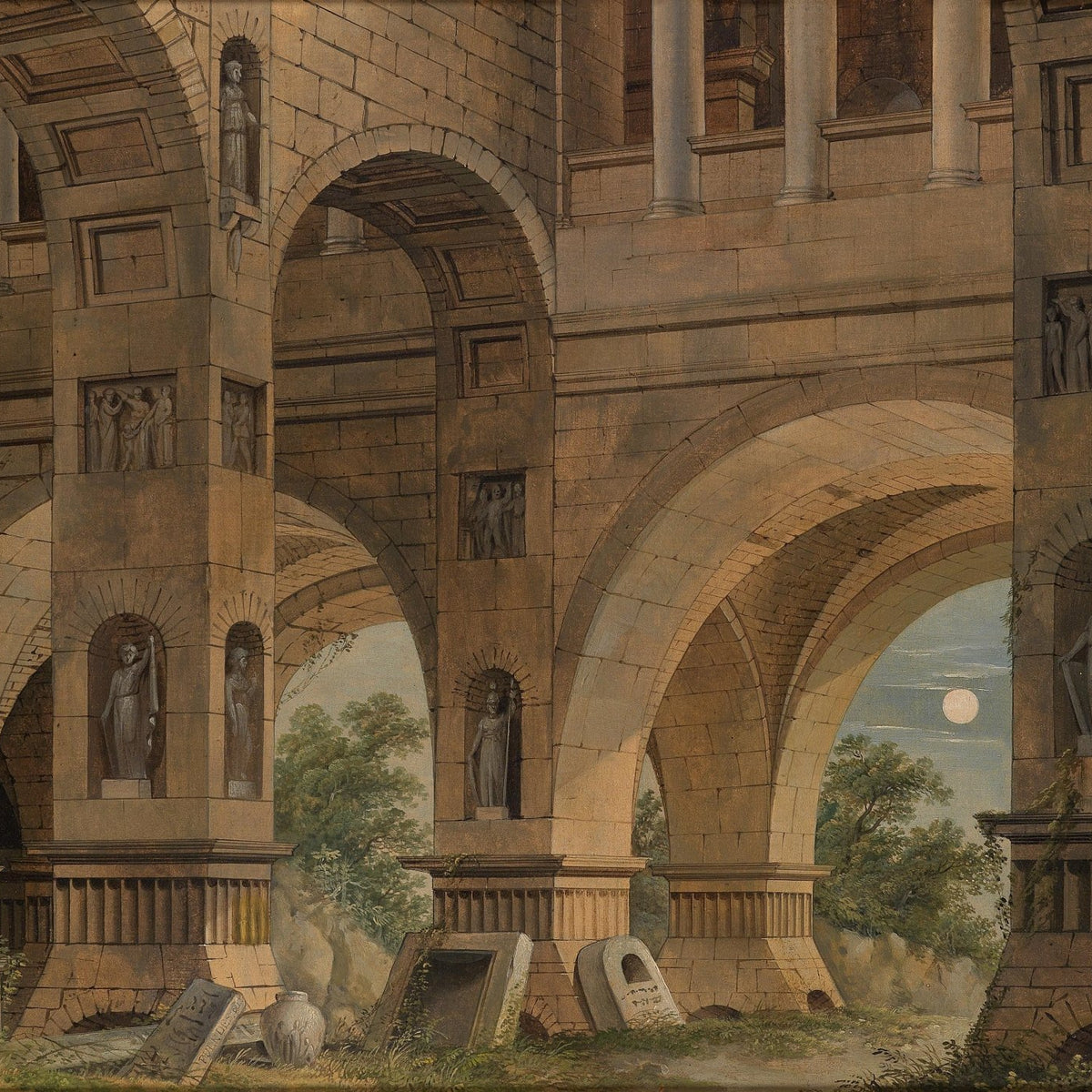 Classical Architectural Ruins Oil Painting with Arches at Moonlight - Oil Painting Haven