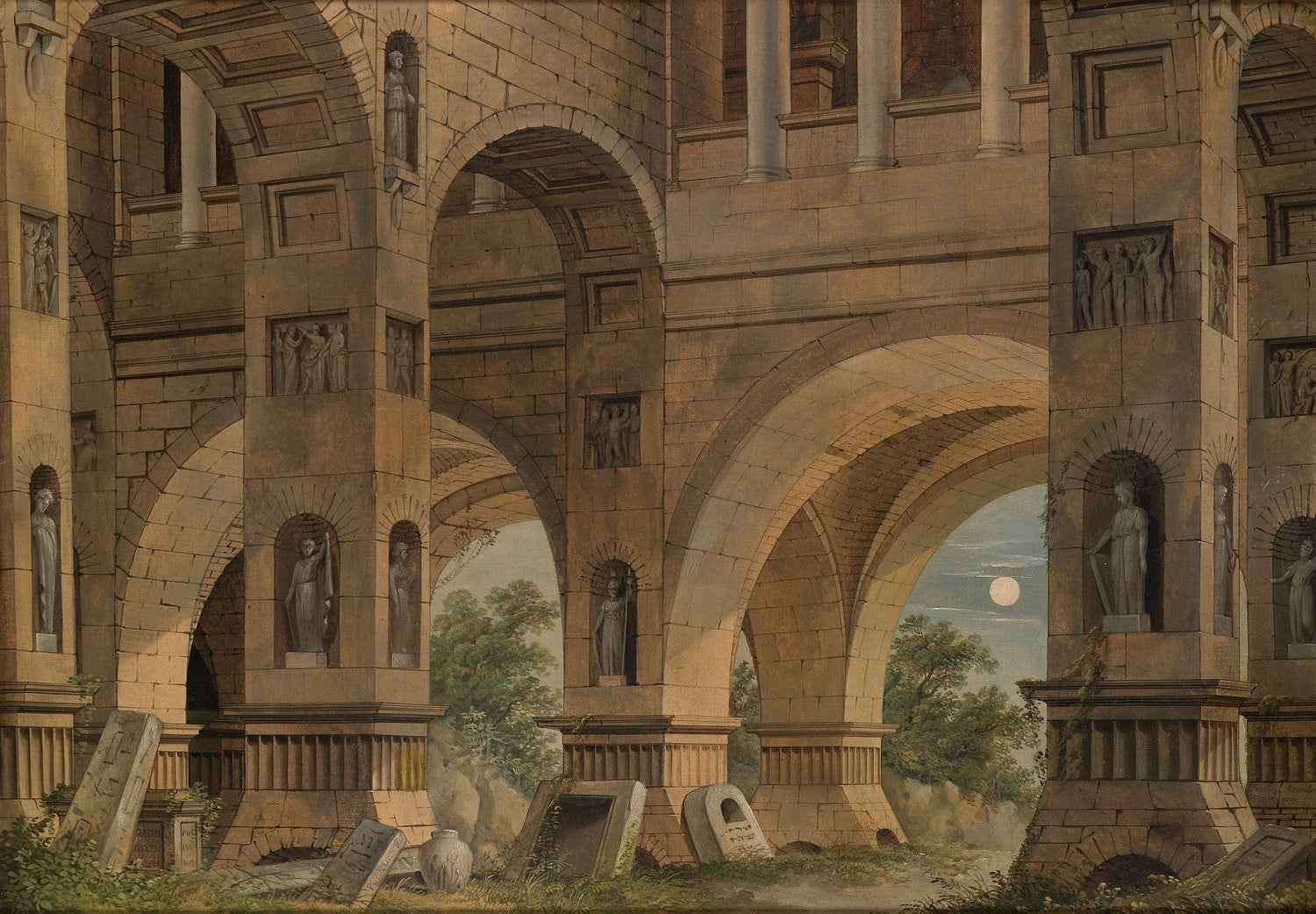 Classical Architectural Ruins Oil Painting with Arches at Moonlight - Oil Painting Haven