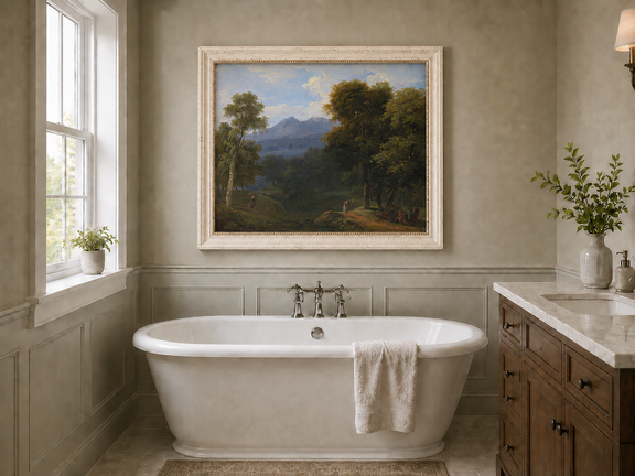 Hand-painted classical forest landscape with figures oil painting displayed in a bathroom interior above a bathtub.