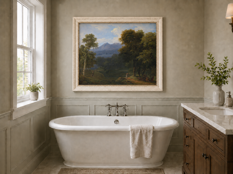 Hand-painted classical forest landscape with figures oil painting displayed in a bathroom interior above a bathtub.