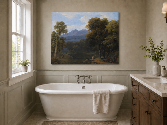 Hand-painted classical forest landscape with figures oil painting displayed in a bathroom interior above a bathtub.