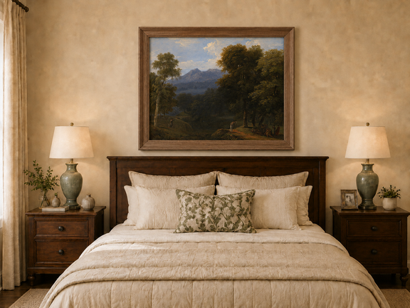 Hand-painted classical forest landscape with figures oil painting displayed above a bed in a bedroom interior.