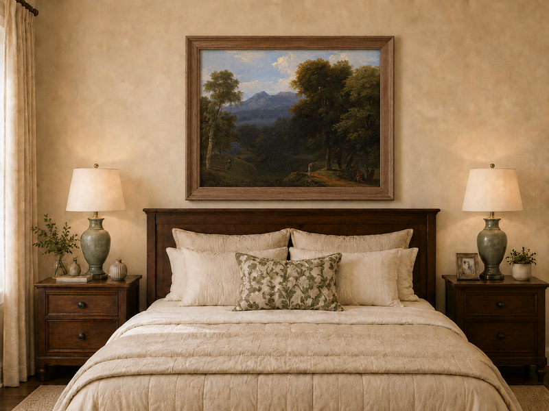 Hand-painted classical forest landscape with figures oil painting displayed above a bed in a bedroom interior.