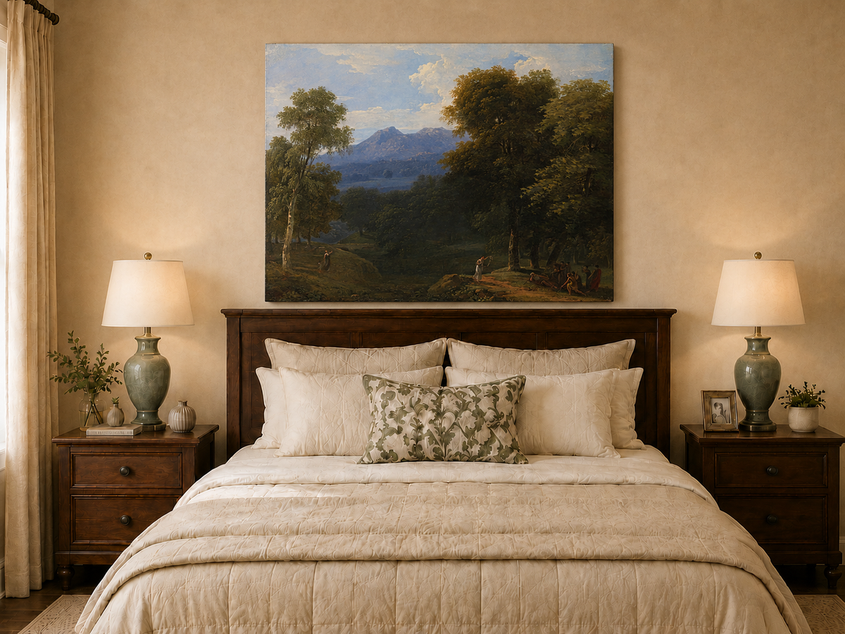 Hand-painted classical forest landscape with figures oil painting displayed above a bed in a bedroom interior.