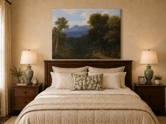 Hand-painted classical forest landscape with figures oil painting displayed above a bed in a bedroom interior.