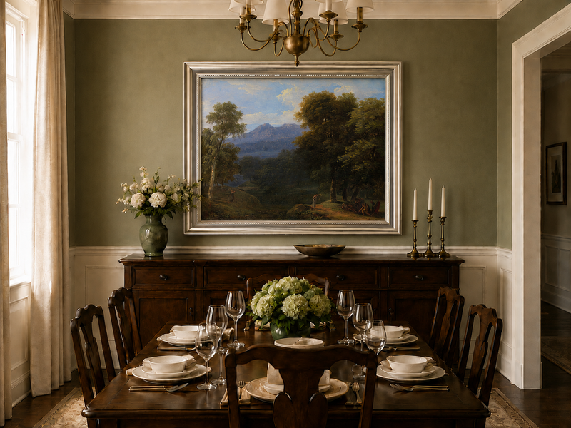 Hand-painted classical forest landscape with figures oil painting displayed in a dining room interior.
