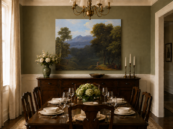 Hand-painted classical forest landscape with figures oil painting displayed in a dining room interior.