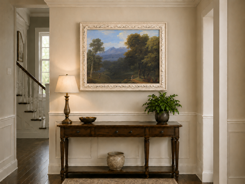 Hand-painted classical forest landscape with figures oil painting displayed above a console table in a hallway interior.