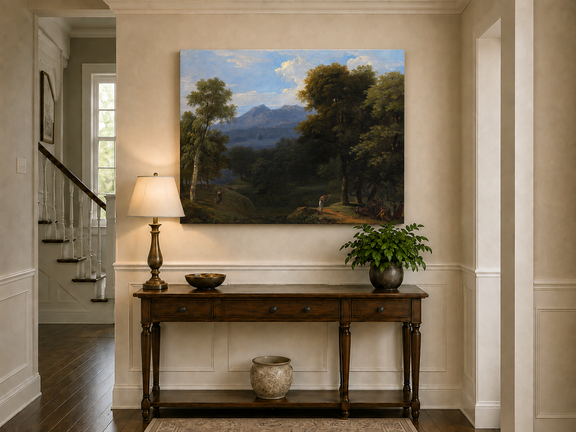 Hand-painted classical forest landscape with figures oil painting displayed above a console table in a hallway interior.