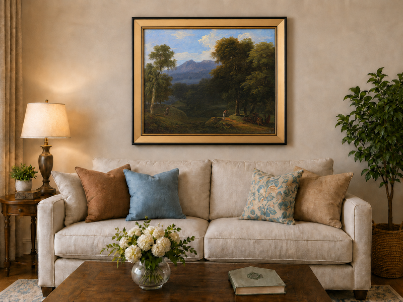 Hand-painted classical forest landscape with figures oil painting displayed above a sofa in a living room interior.