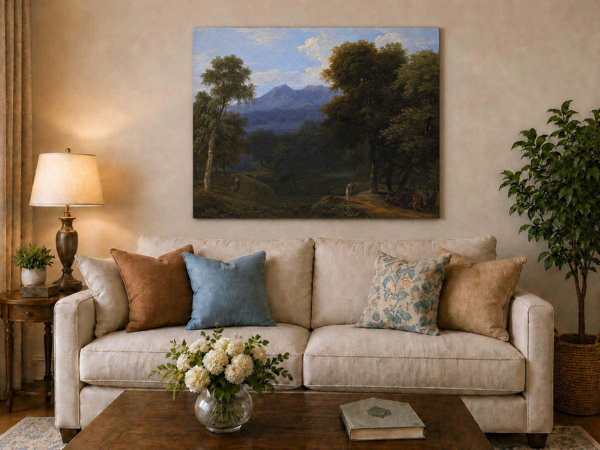 Hand-painted classical forest landscape with figures oil painting displayed above a sofa in a living room interior.