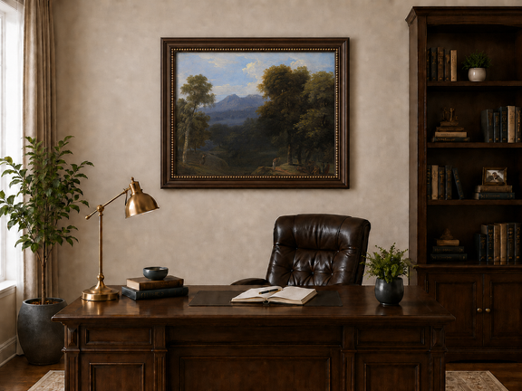 Hand-painted classical forest landscape with figures oil painting displayed above a desk in a home office interior.