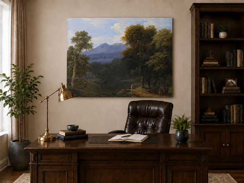 Hand-painted classical forest landscape with figures oil painting displayed above a desk in a home office interior.