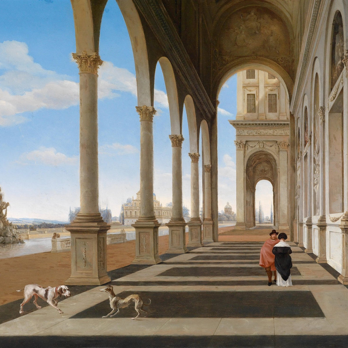 Classical Palace Arcade with Figures, Columns – Landscape Oil Painting - Oil Painting Haven