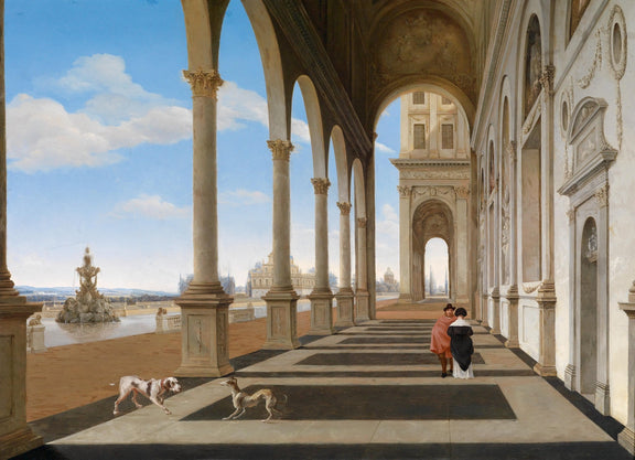 Classical Palace Arcade with Figures, Columns – Landscape Oil Painting - Oil Painting Haven