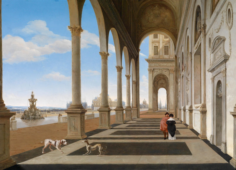 Classical Palace Arcade with Figures, Columns – Landscape Oil Painting - Oil Painting Haven