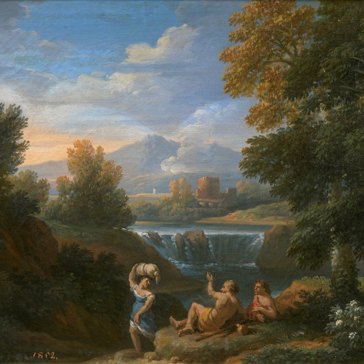 Classical River Landscape, Figures, Mountains – Landscape Oil Painting - Oil Painting Haven