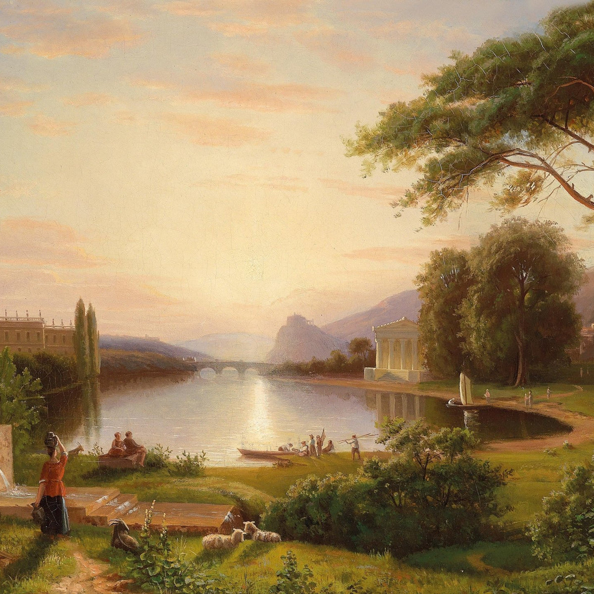 Classical Riverside, Ancient Architecture – Hand - Painted Landscape - Oil Painting Haven