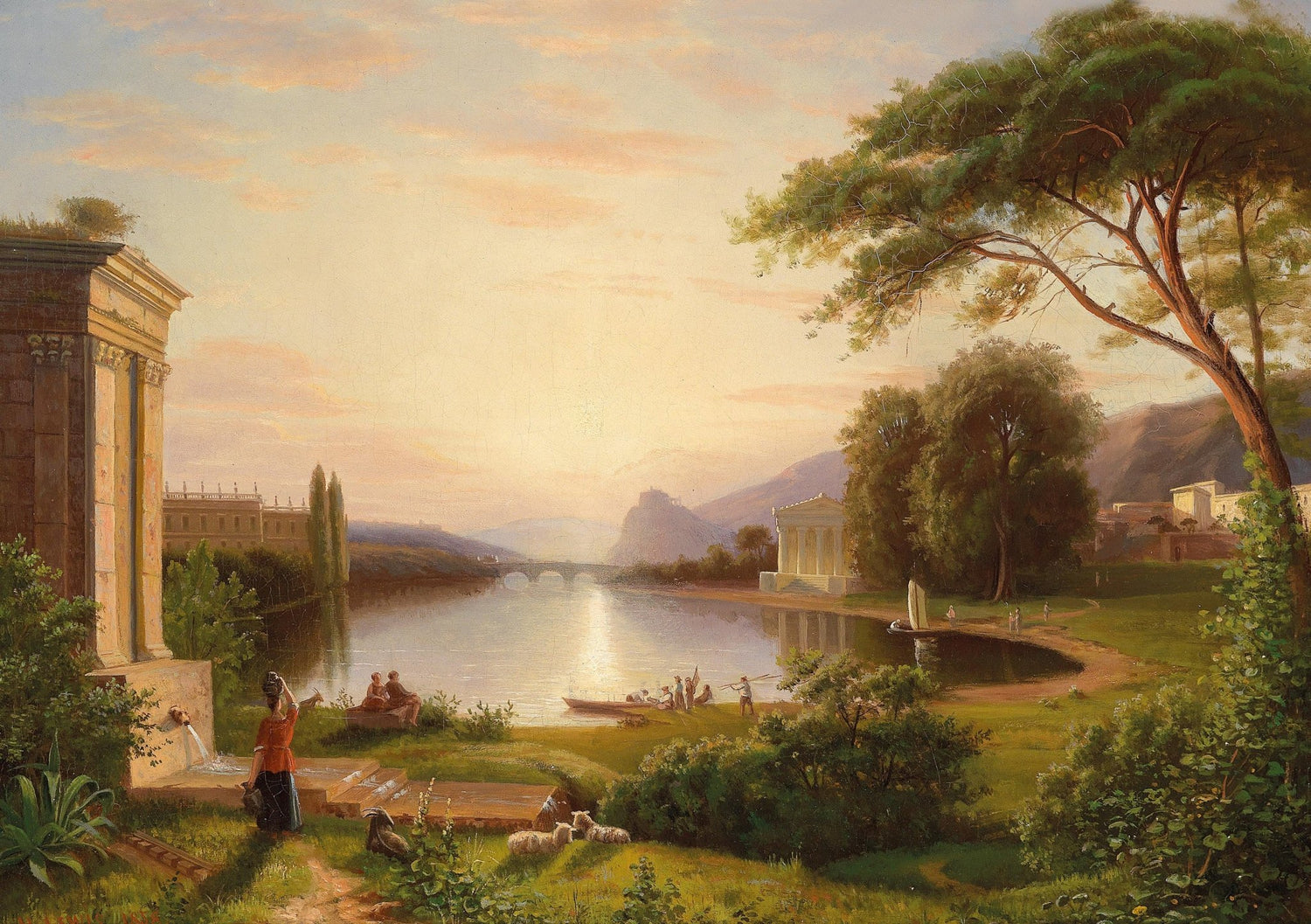 Classical Riverside, Ancient Architecture – Hand - Painted Landscape - Oil Painting Haven