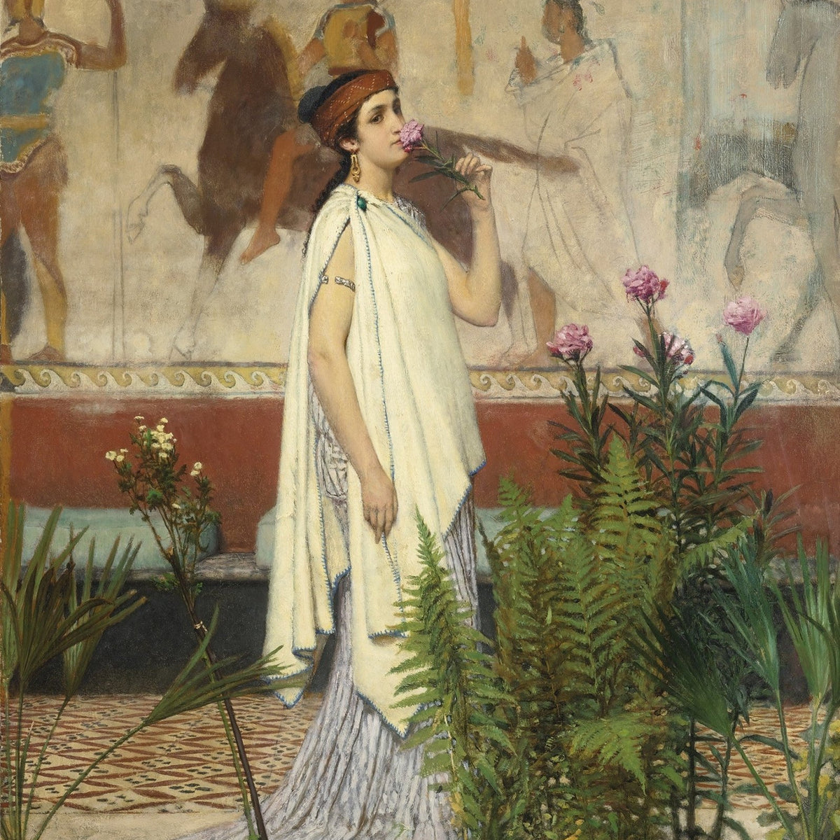 Classical Woman with Pink Flower in Roman Garden - People Oil Painting - Oil Painting Haven