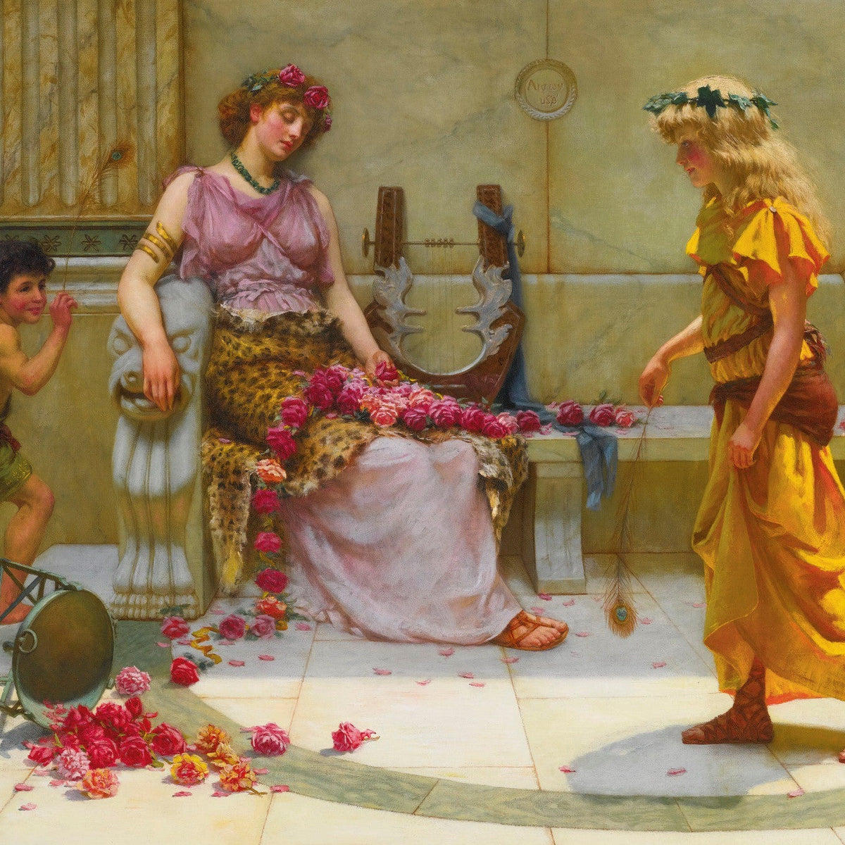 Classical Woman with Roses and Lyre in Marble Terrace - People Oil Painting - Oil Painting Haven