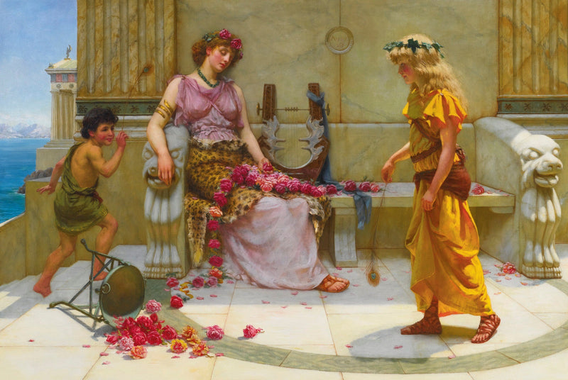 Classical Woman with Roses and Lyre in Marble Terrace - People Oil Painting - Oil Painting Haven