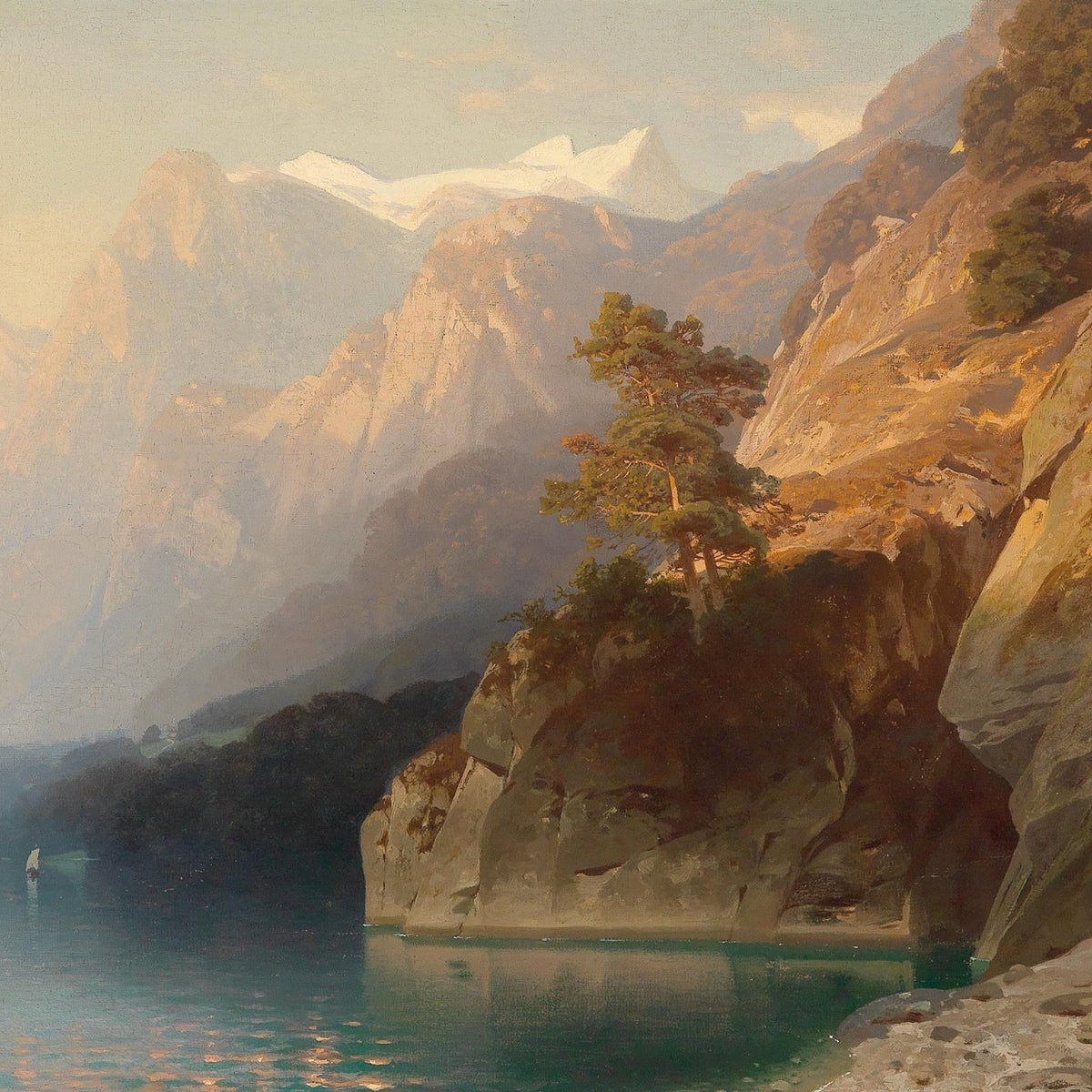 Cliffs Above a Calm Alpine Lake at Dusk – Landscape Oil Painting - Oil Painting Haven