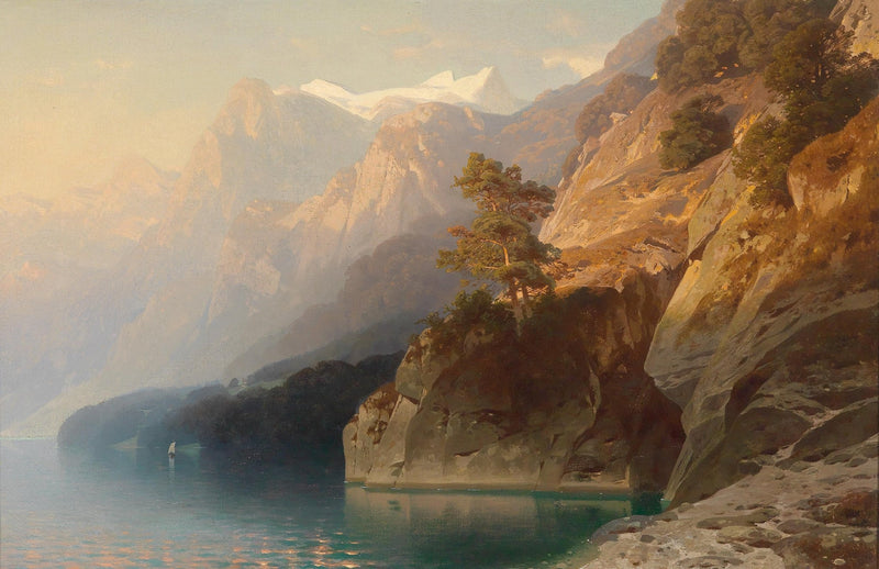 Cliffs Above a Calm Alpine Lake at Dusk – Landscape Oil Painting - Oil Painting Haven