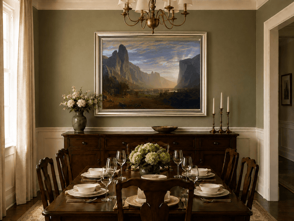 Framed hand-painted cliffs and river oil painting illuminated by warm golden light displayed above a formal dining table.